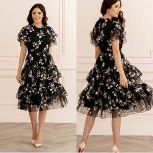 Floral Tiered Black Midi Dress